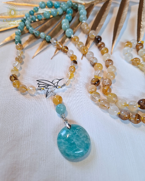 Mala Animaux Totem - le Colibri : quartz hématoide jaune, amazonite