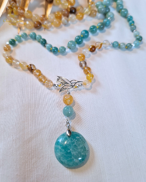 Mala Animaux Totem - le Colibri : quartz hématoide jaune, amazonite