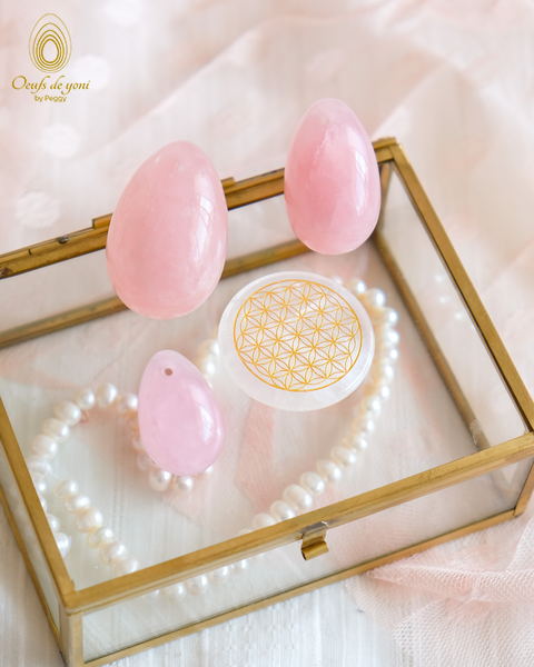 Coffret Spécial - L'oeuf de la guérison de vos blessures d'amour + Rond de rechargement énergétique - 3 Quartz rose troués pour le prix de 2 + Rond quartz cristal