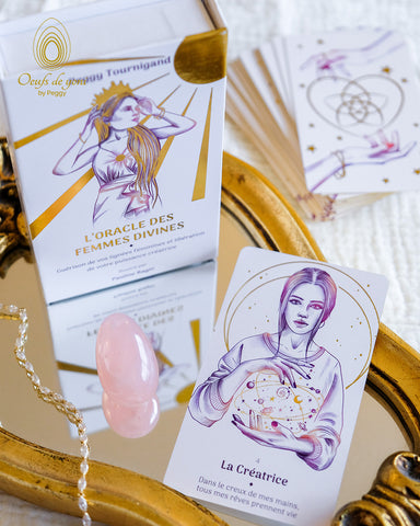 Coffret Oracle - L'Oracle des Femmes Divines et l'oeuf de yoni en quartz rose moyen troué