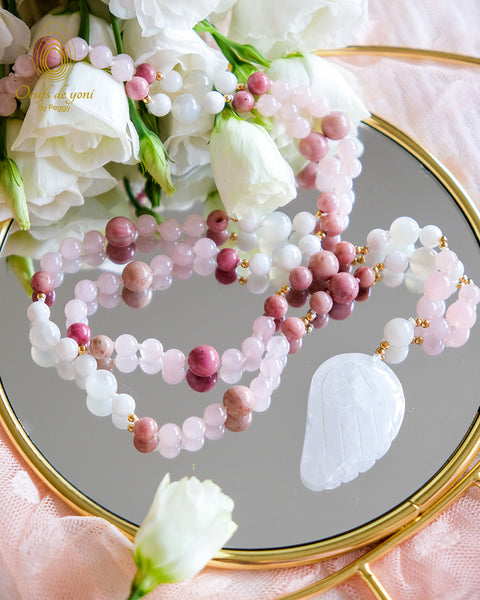 Mala by Peggy - ANGE - rhodonite, quartz rose, pierre de lune blanche, quartz cristal