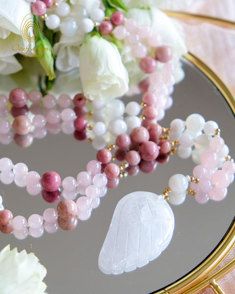 Mala by Peggy - ANGE - rhodonite, quartz rose, pierre de lune blanche, quartz cristal